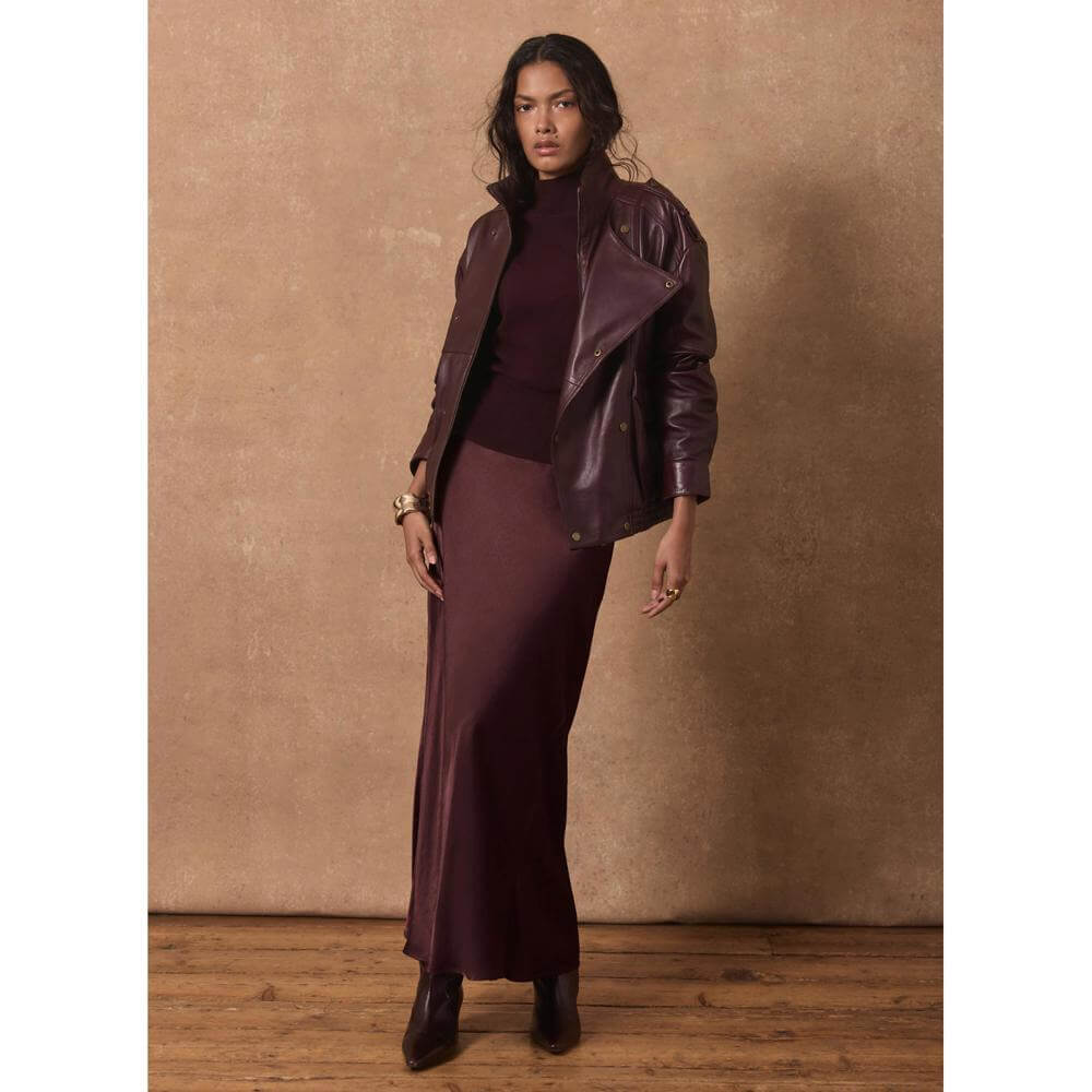 Mint Velvet Burgundy Bias Satin Slip Maxi Skirt